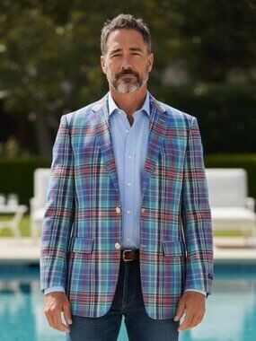 Share NWT Saddlebred Madras Plaid Blazer 40R Sport Coat Preppy Coastal Cruise Be